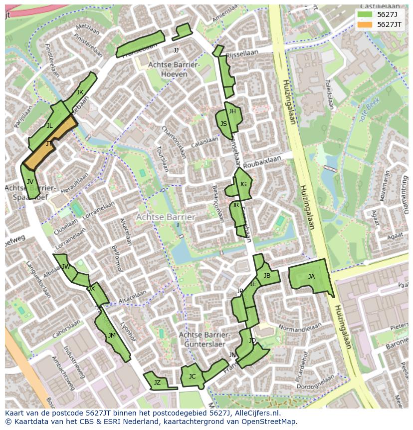 Afbeelding van het postcodegebied 5627 JT op de kaart.