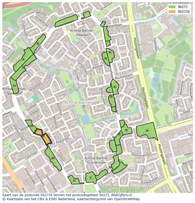 Afbeelding van het postcodegebied 5627 JX op de kaart.