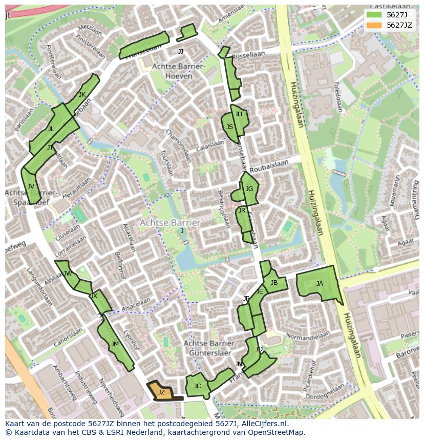 Afbeelding van het postcodegebied 5627 JZ op de kaart.