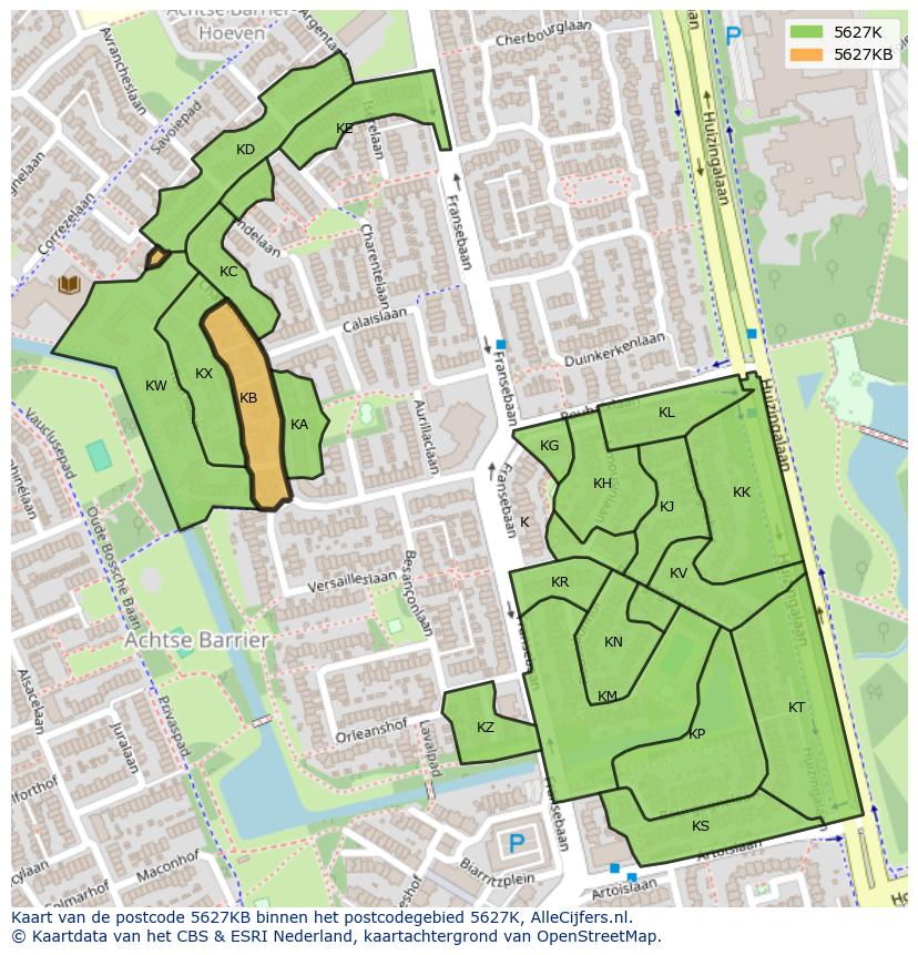 Afbeelding van het postcodegebied 5627 KB op de kaart.