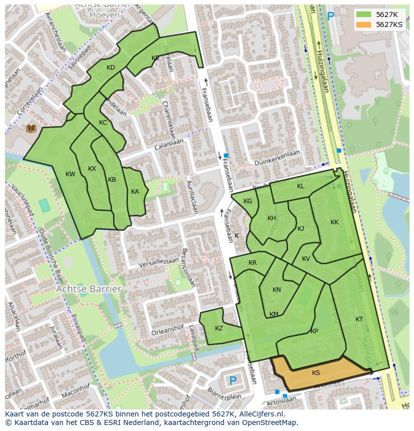 Afbeelding van het postcodegebied 5627 KS op de kaart.