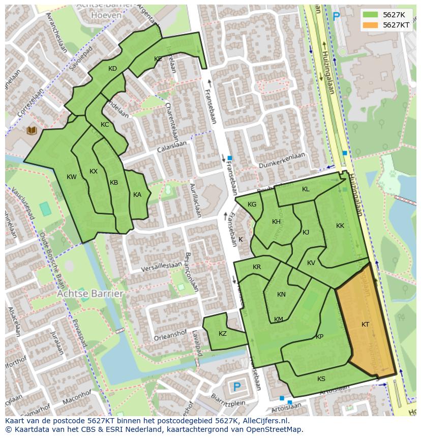 Afbeelding van het postcodegebied 5627 KT op de kaart.