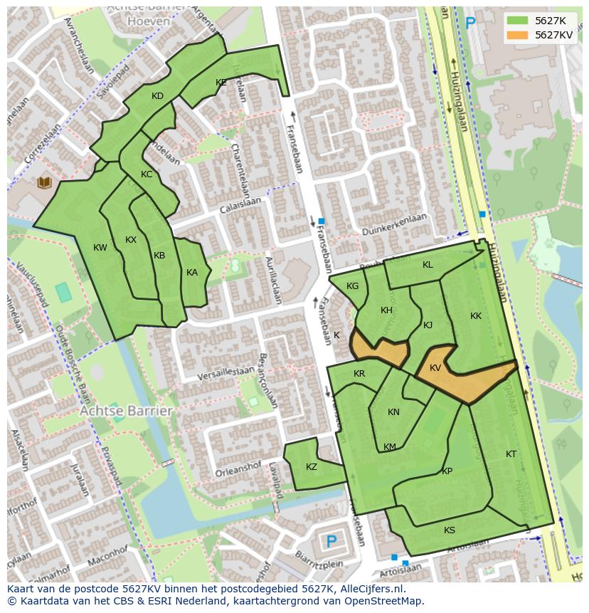 Afbeelding van het postcodegebied 5627 KV op de kaart.