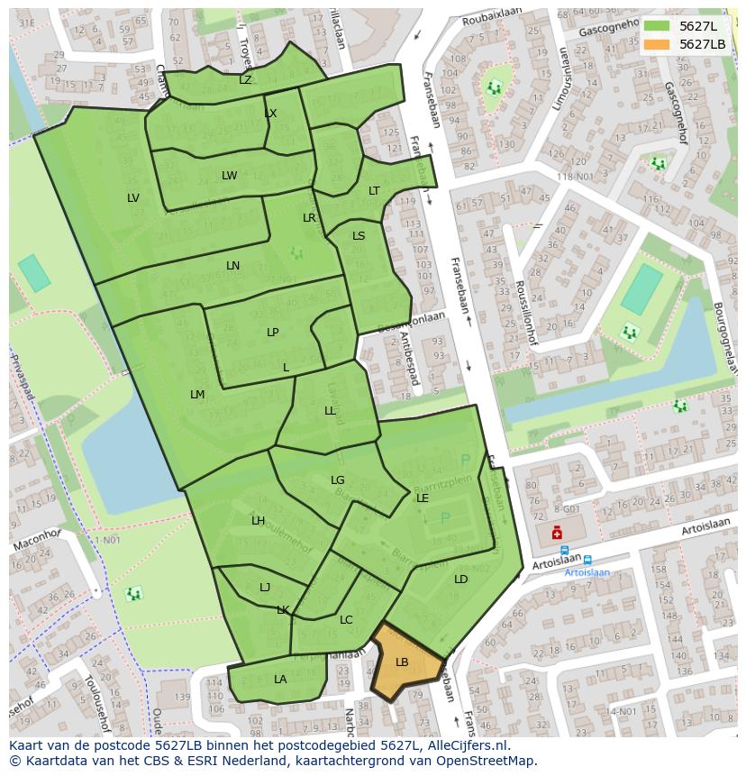 Afbeelding van het postcodegebied 5627 LB op de kaart.