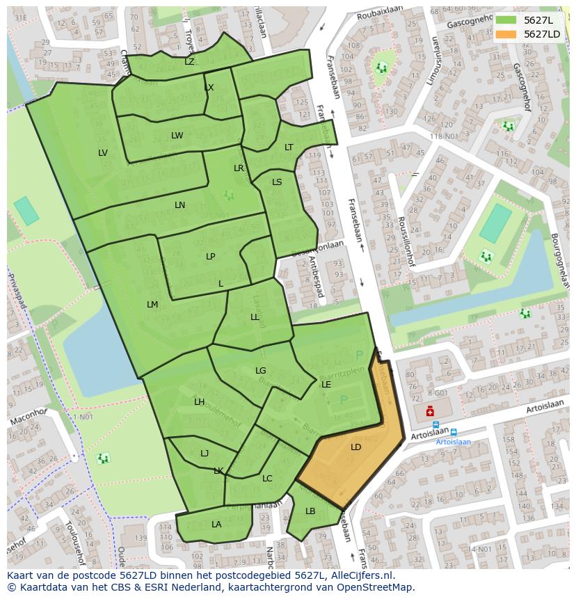 Afbeelding van het postcodegebied 5627 LD op de kaart.
