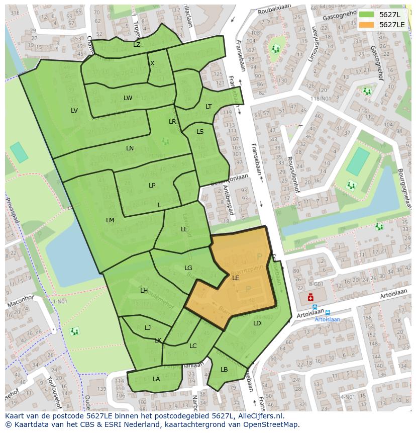 Afbeelding van het postcodegebied 5627 LE op de kaart.