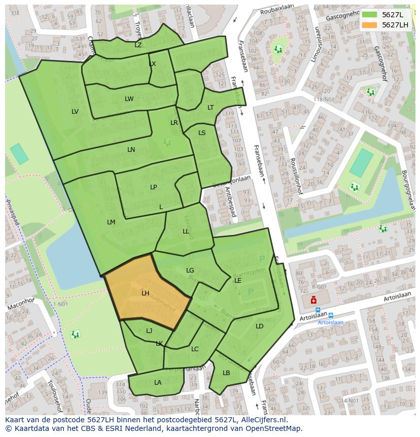 Afbeelding van het postcodegebied 5627 LH op de kaart.