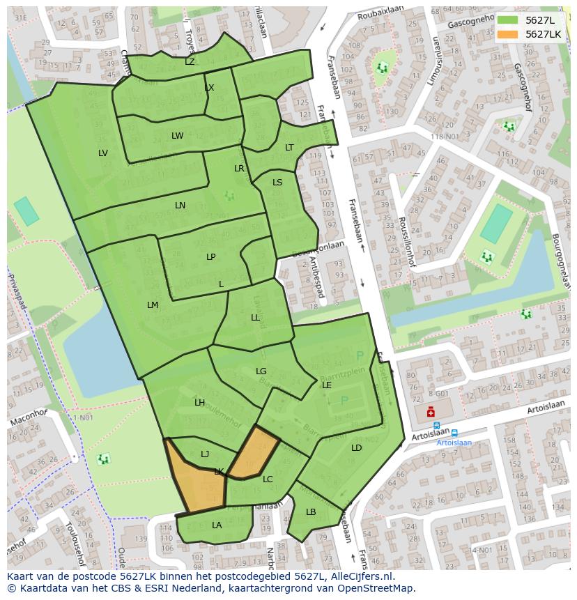 Afbeelding van het postcodegebied 5627 LK op de kaart.