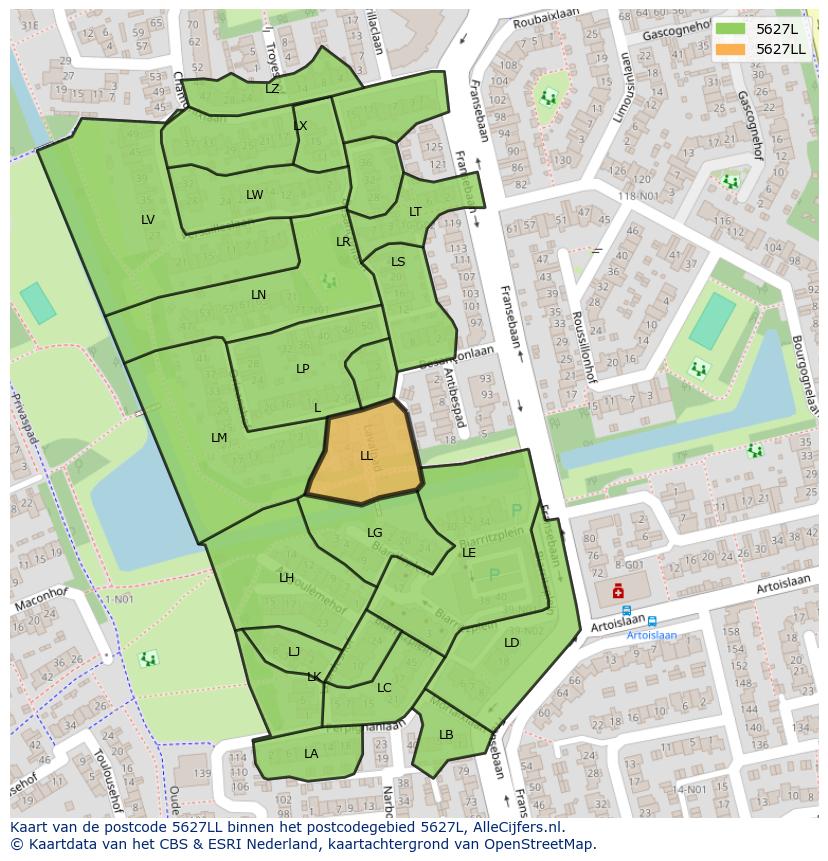 Afbeelding van het postcodegebied 5627 LL op de kaart.