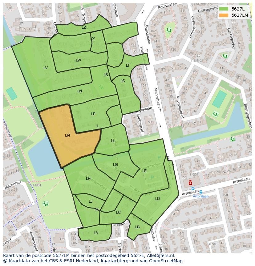 Afbeelding van het postcodegebied 5627 LM op de kaart.