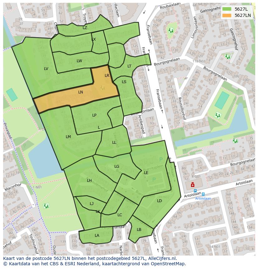 Afbeelding van het postcodegebied 5627 LN op de kaart.