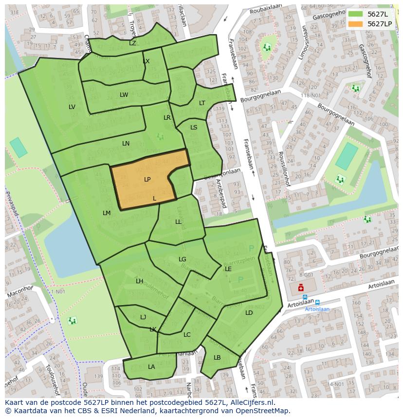 Afbeelding van het postcodegebied 5627 LP op de kaart.