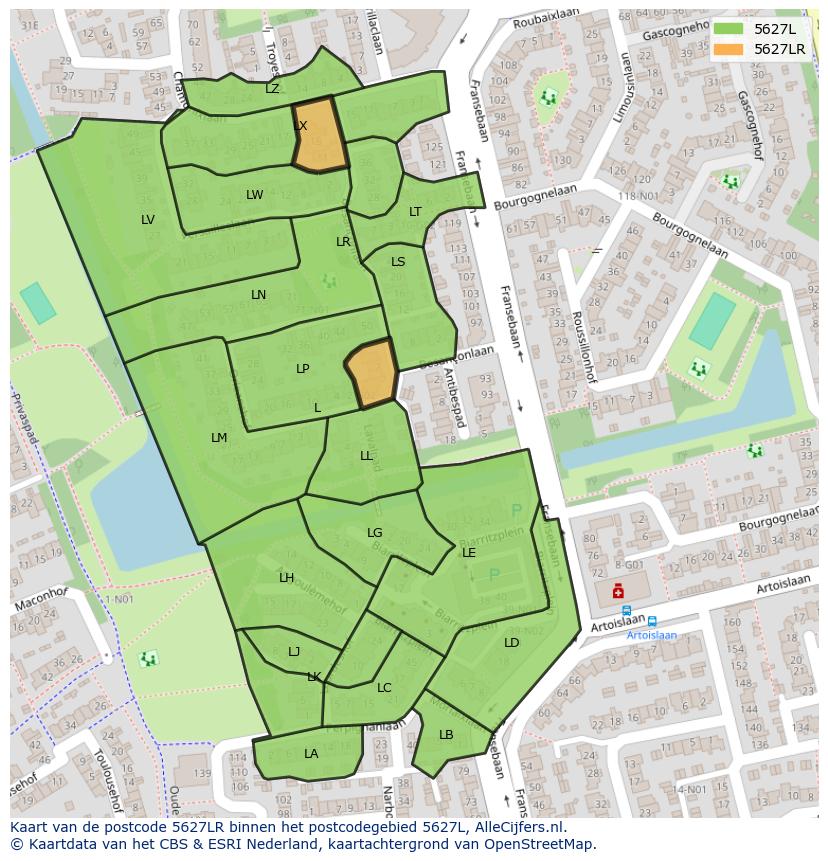 Afbeelding van het postcodegebied 5627 LR op de kaart.