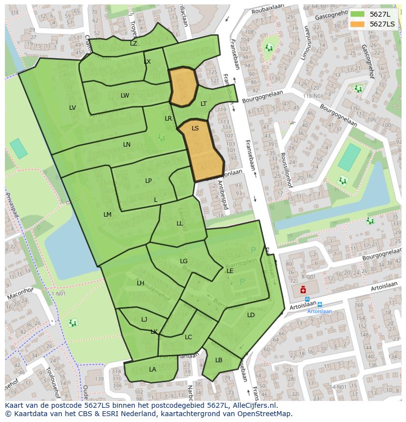 Afbeelding van het postcodegebied 5627 LS op de kaart.