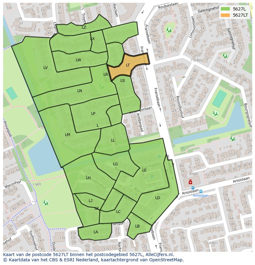 Afbeelding van het postcodegebied 5627 LT op de kaart.