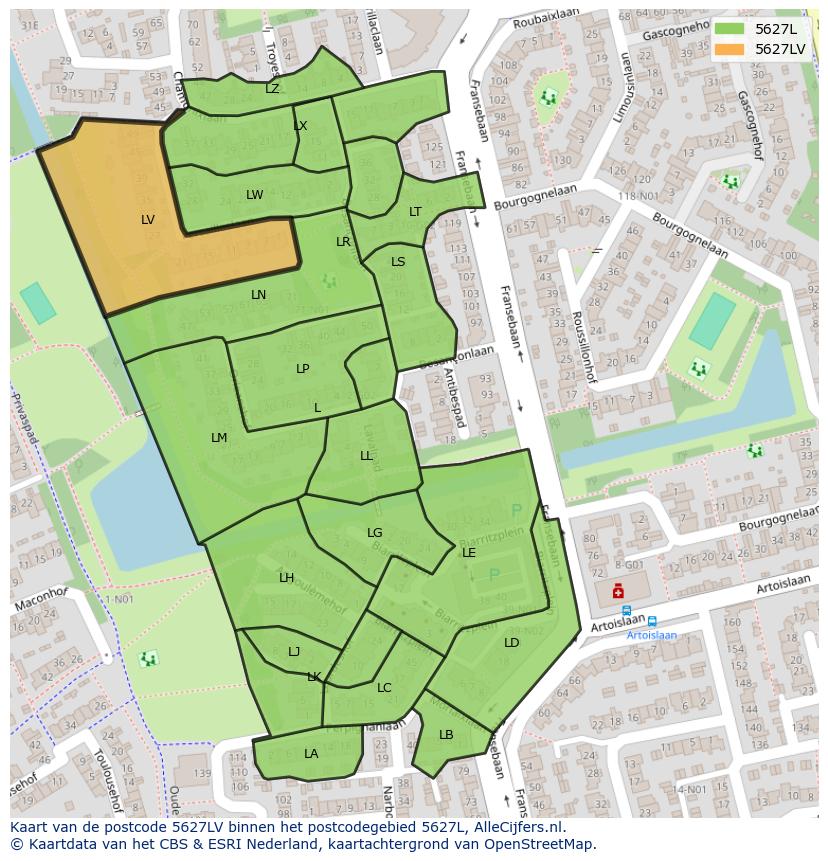 Afbeelding van het postcodegebied 5627 LV op de kaart.