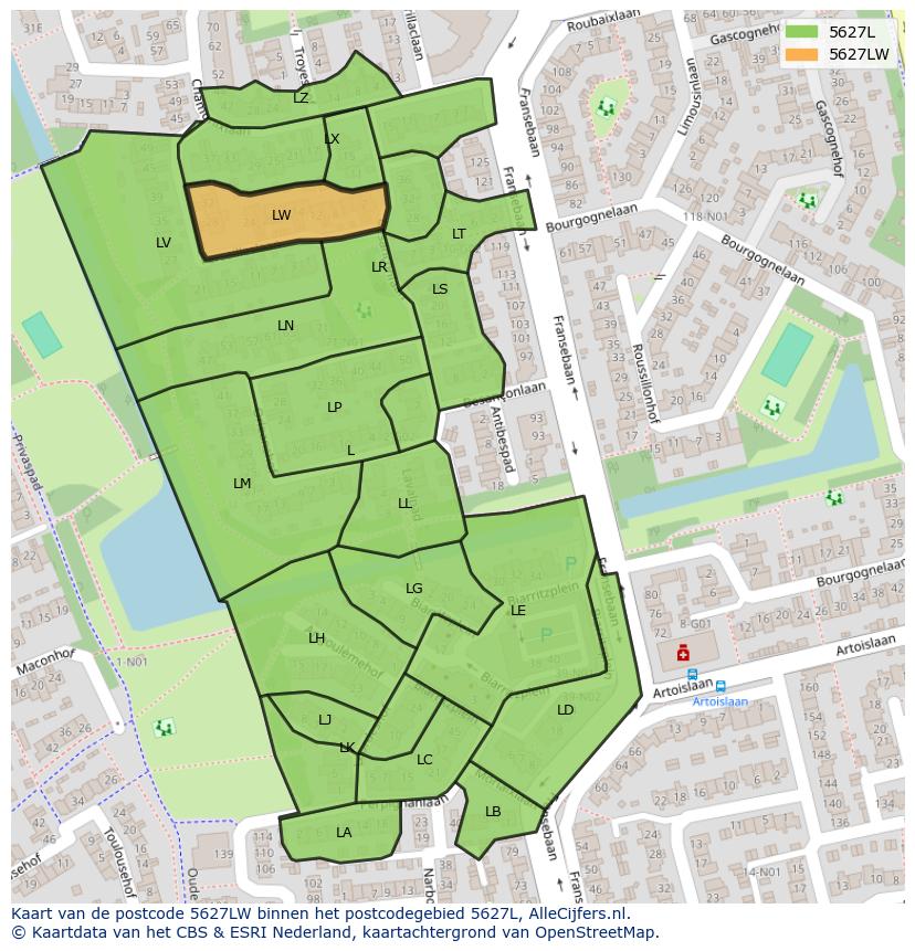 Afbeelding van het postcodegebied 5627 LW op de kaart.