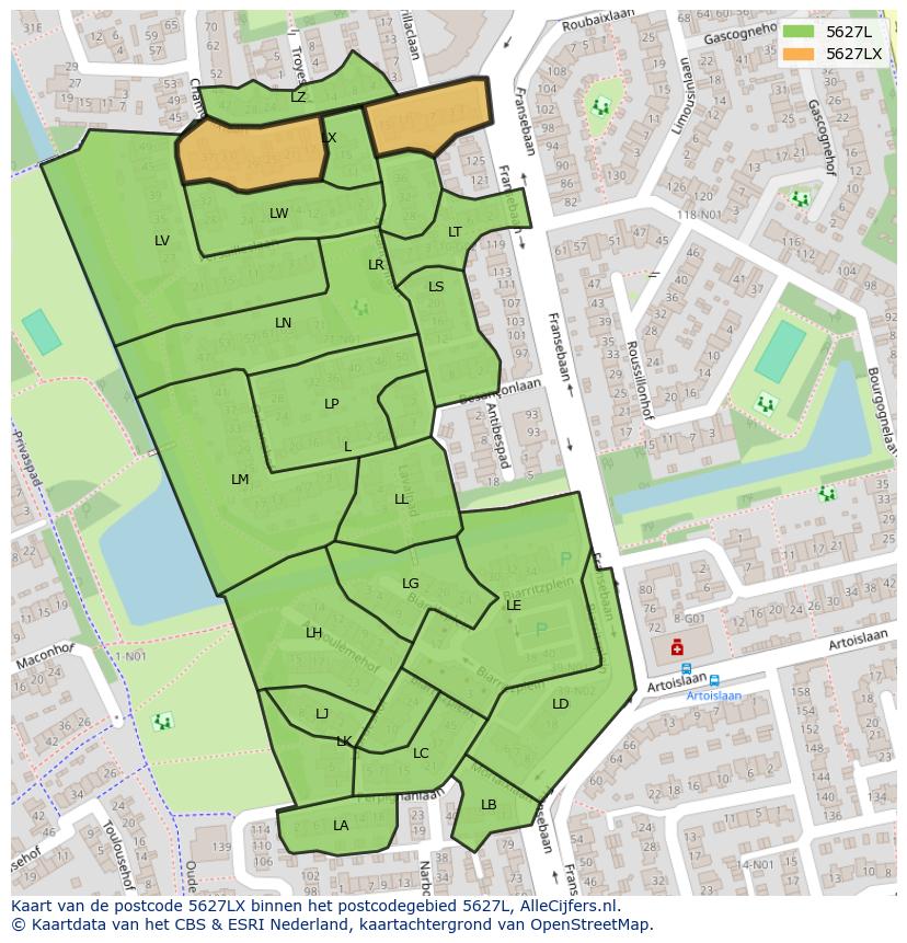 Afbeelding van het postcodegebied 5627 LX op de kaart.