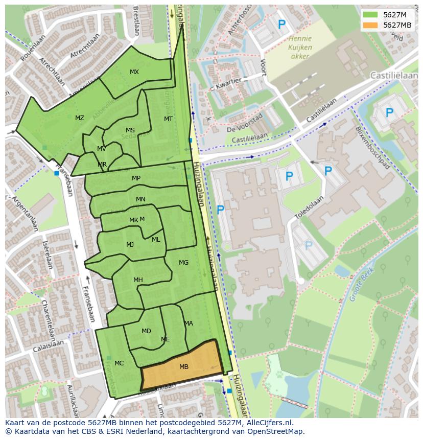 Afbeelding van het postcodegebied 5627 MB op de kaart.