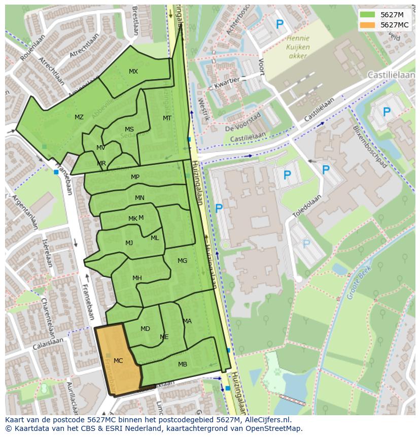 Afbeelding van het postcodegebied 5627 MC op de kaart.