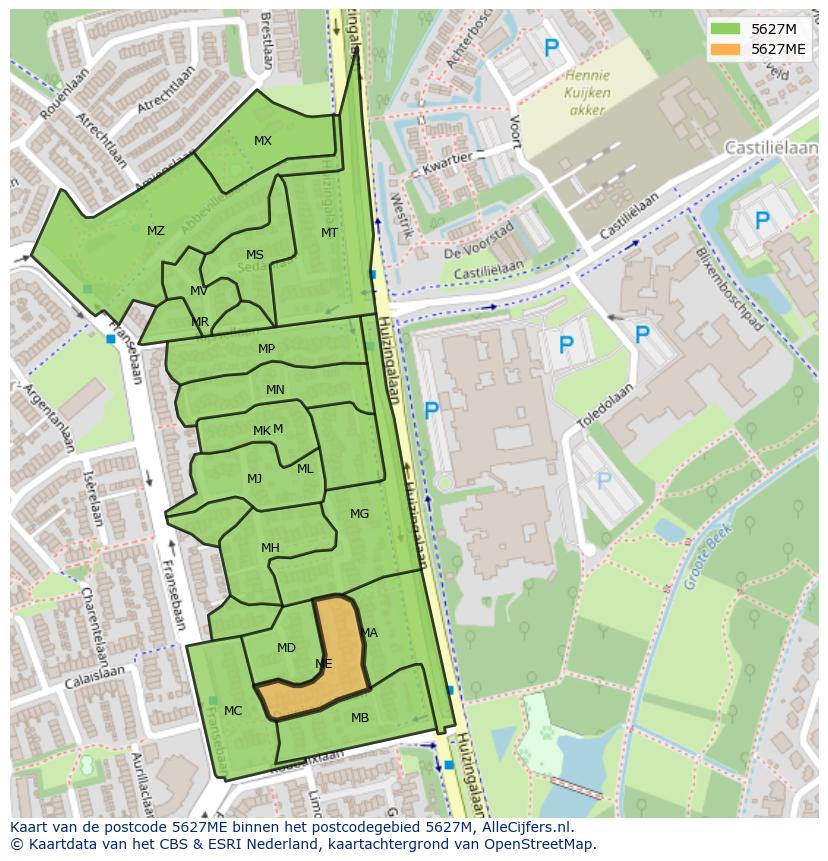 Afbeelding van het postcodegebied 5627 ME op de kaart.