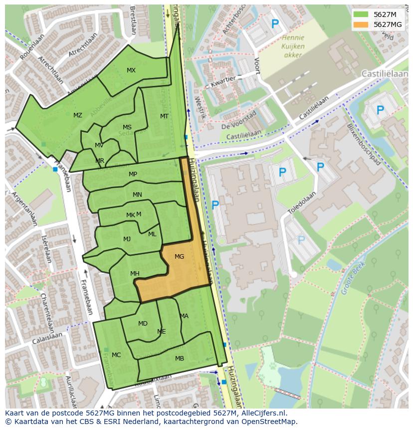 Afbeelding van het postcodegebied 5627 MG op de kaart.