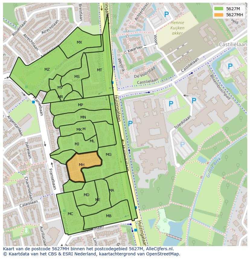 Afbeelding van het postcodegebied 5627 MH op de kaart.