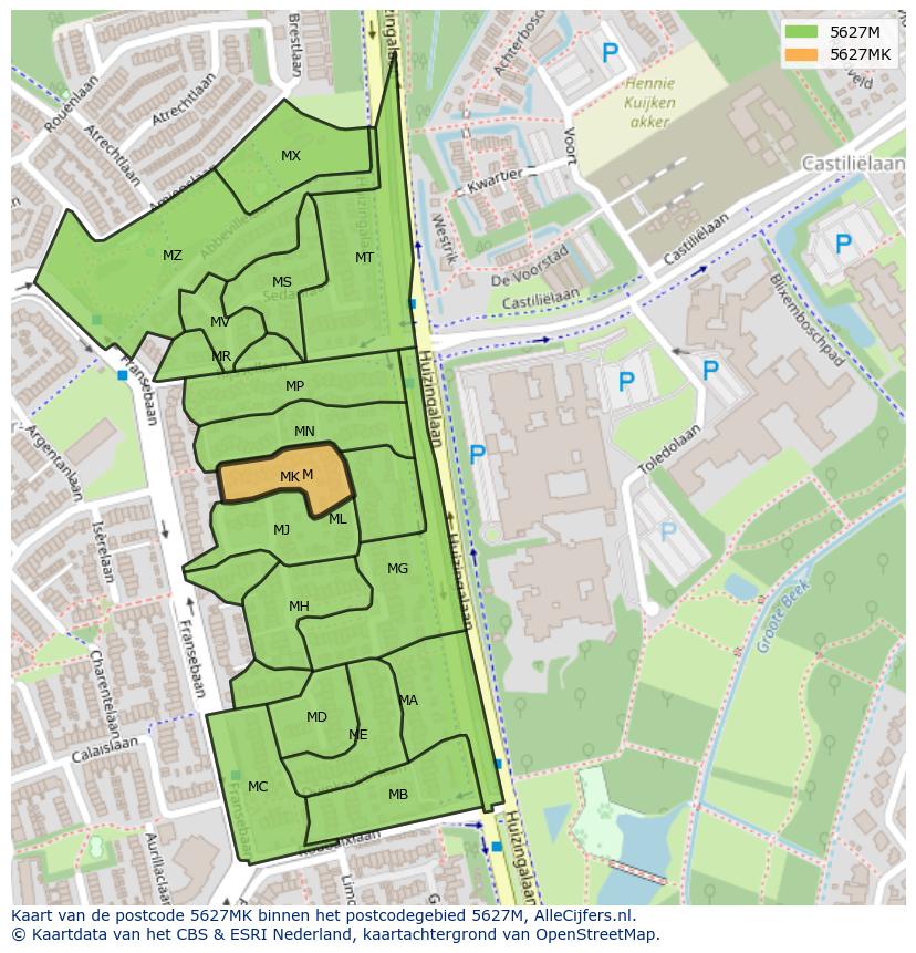 Afbeelding van het postcodegebied 5627 MK op de kaart.