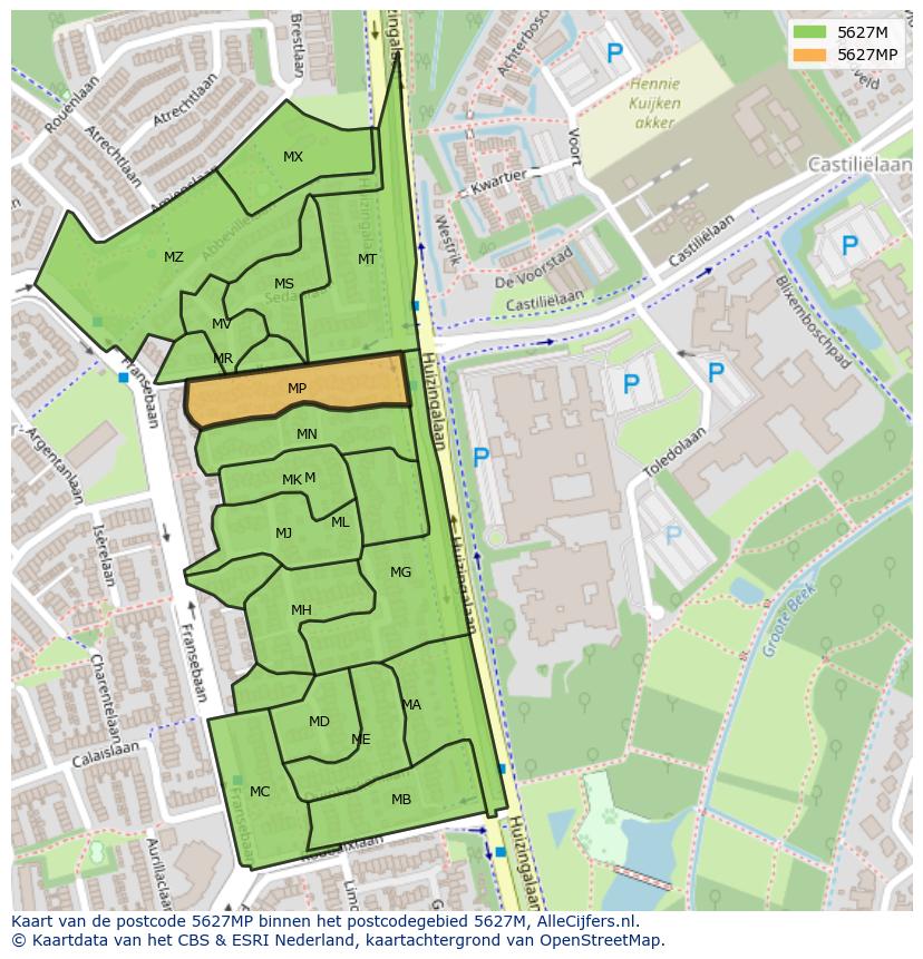 Afbeelding van het postcodegebied 5627 MP op de kaart.