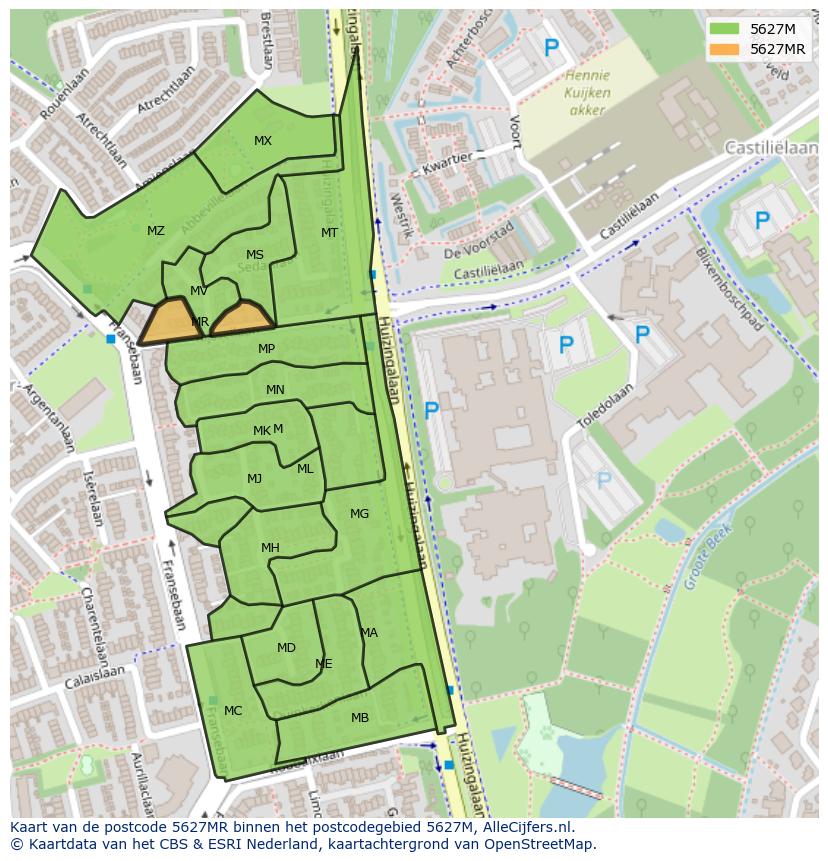 Afbeelding van het postcodegebied 5627 MR op de kaart.