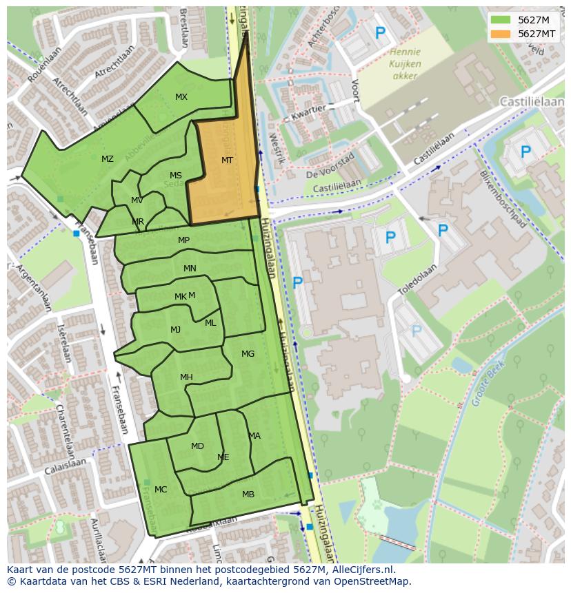 Afbeelding van het postcodegebied 5627 MT op de kaart.