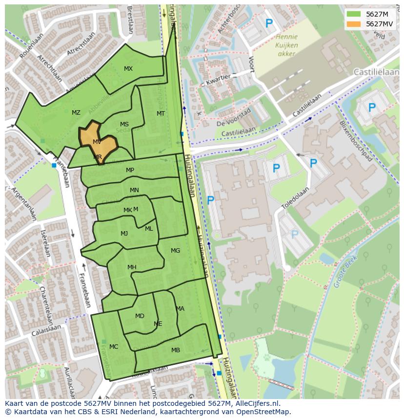 Afbeelding van het postcodegebied 5627 MV op de kaart.