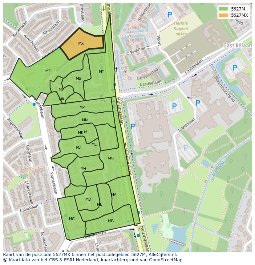 Afbeelding van het postcodegebied 5627 MX op de kaart.