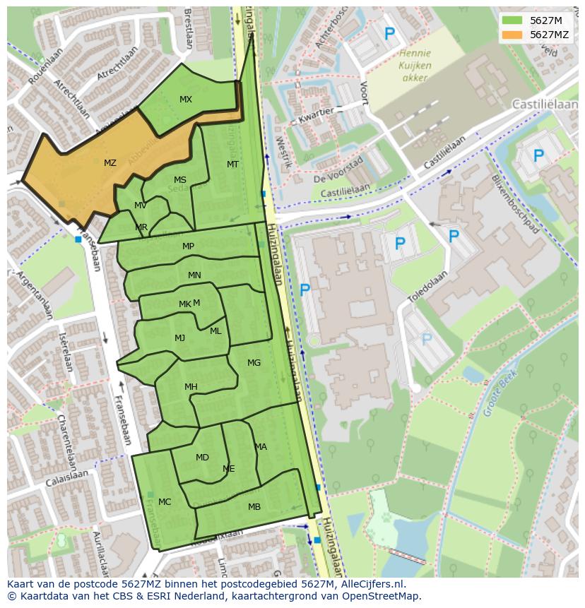 Afbeelding van het postcodegebied 5627 MZ op de kaart.
