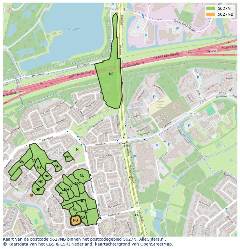 Afbeelding van het postcodegebied 5627 NB op de kaart.