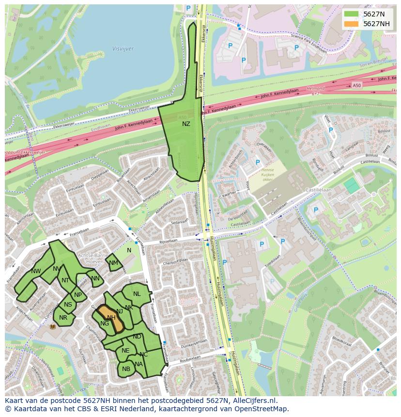 Afbeelding van het postcodegebied 5627 NH op de kaart.