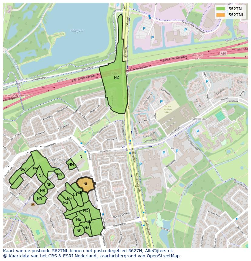 Afbeelding van het postcodegebied 5627 NL op de kaart.