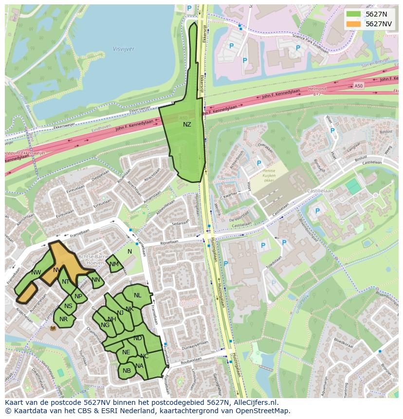 Afbeelding van het postcodegebied 5627 NV op de kaart.