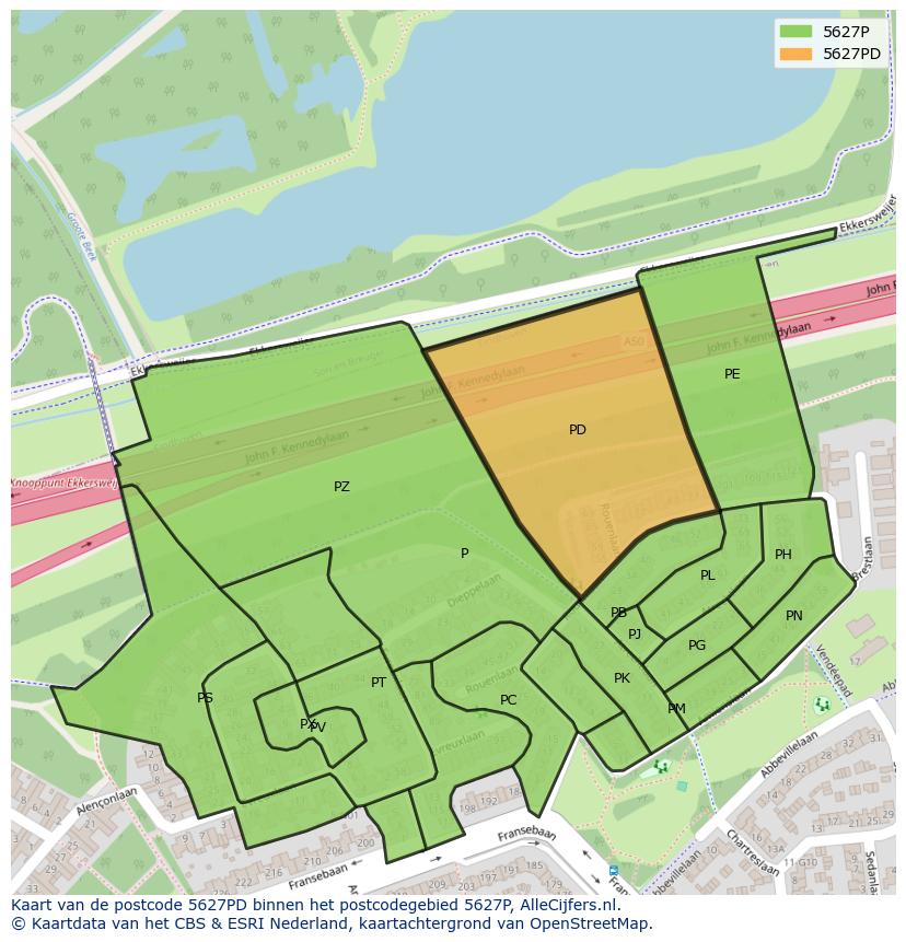 Afbeelding van het postcodegebied 5627 PD op de kaart.