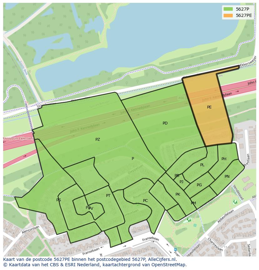 Afbeelding van het postcodegebied 5627 PE op de kaart.