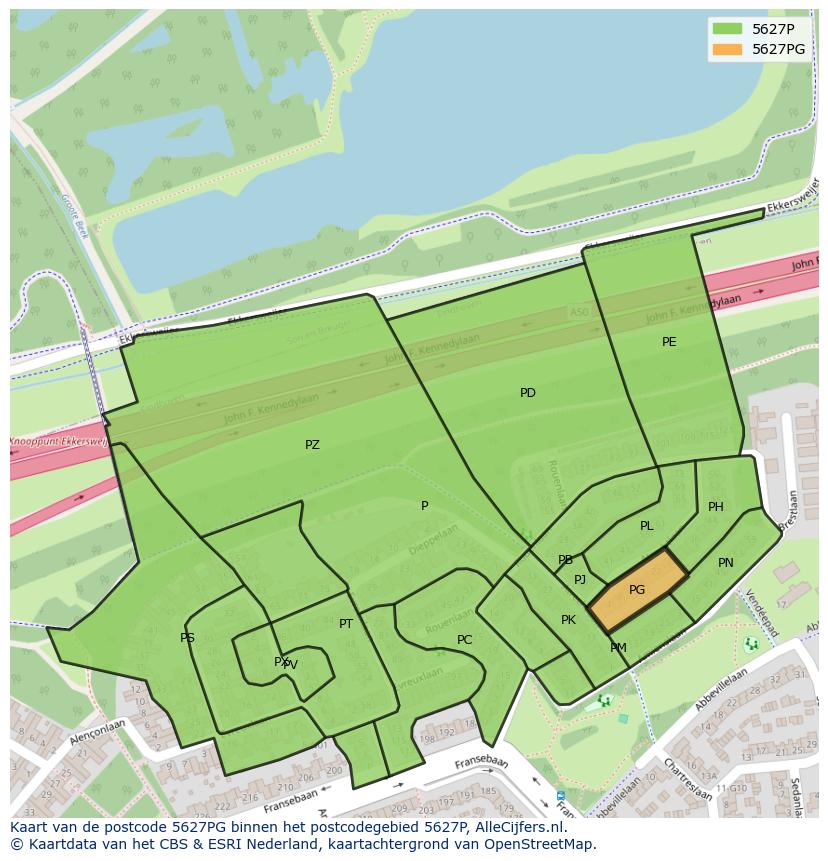 Afbeelding van het postcodegebied 5627 PG op de kaart.