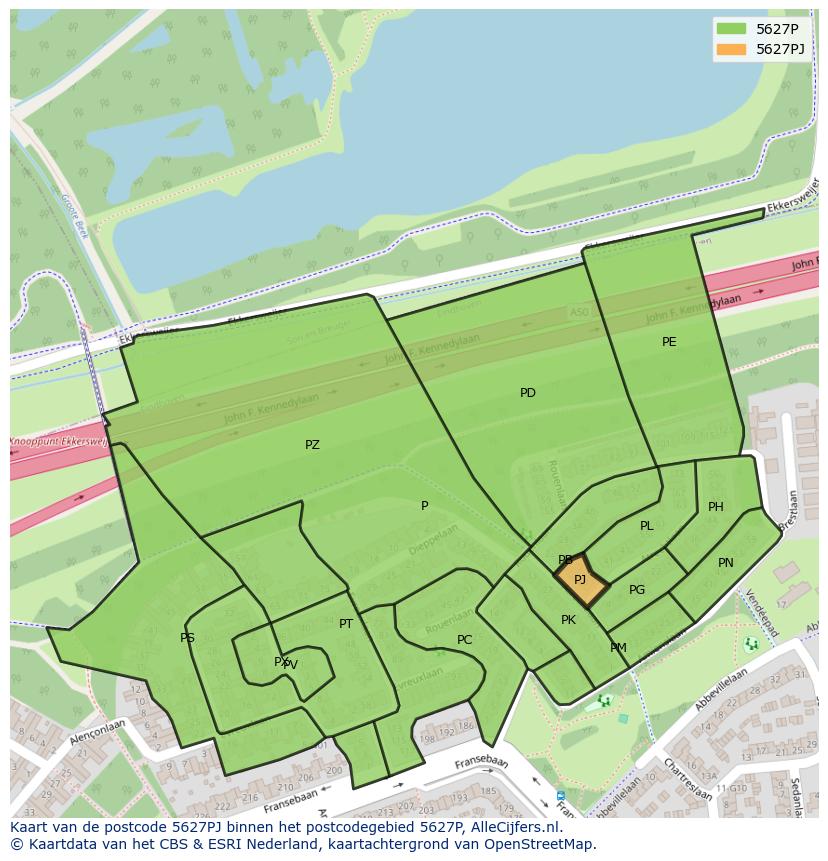 Afbeelding van het postcodegebied 5627 PJ op de kaart.