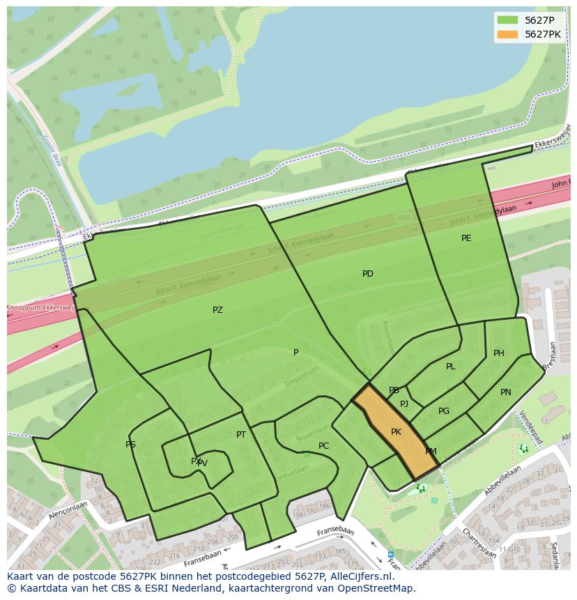Afbeelding van het postcodegebied 5627 PK op de kaart.