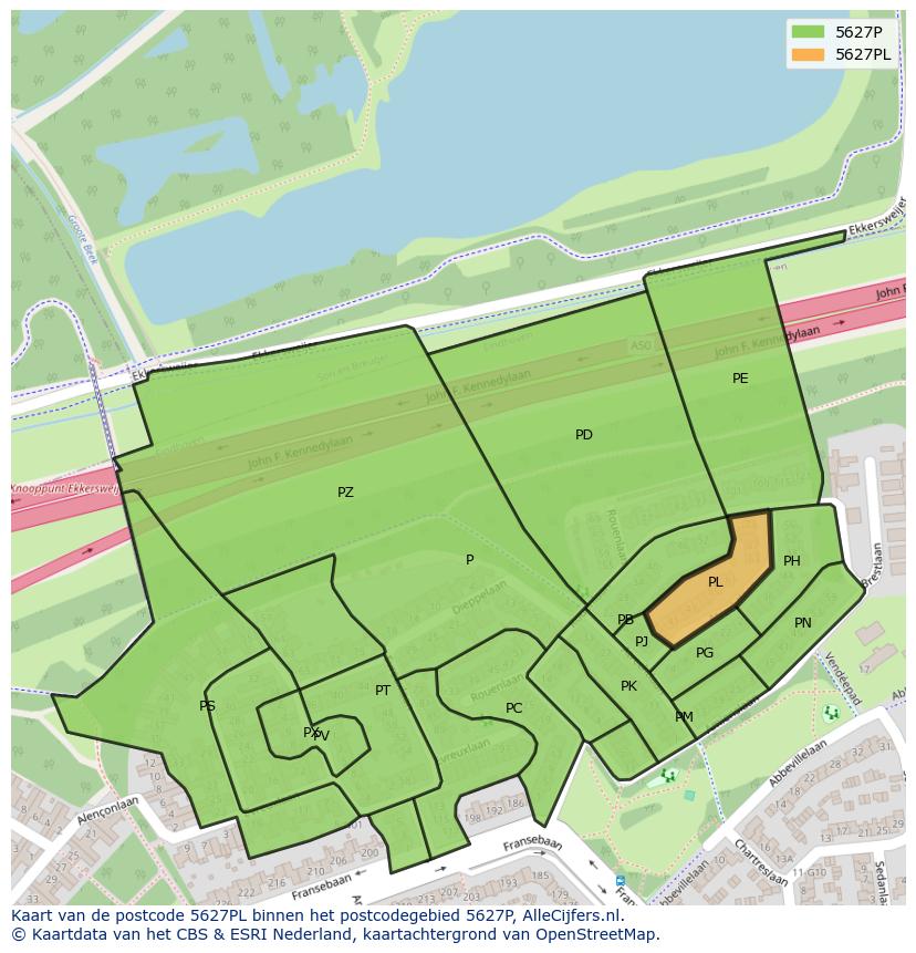 Afbeelding van het postcodegebied 5627 PL op de kaart.