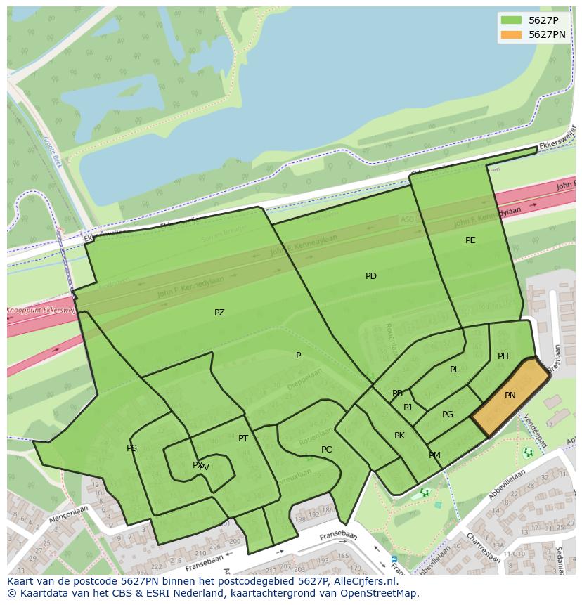 Afbeelding van het postcodegebied 5627 PN op de kaart.