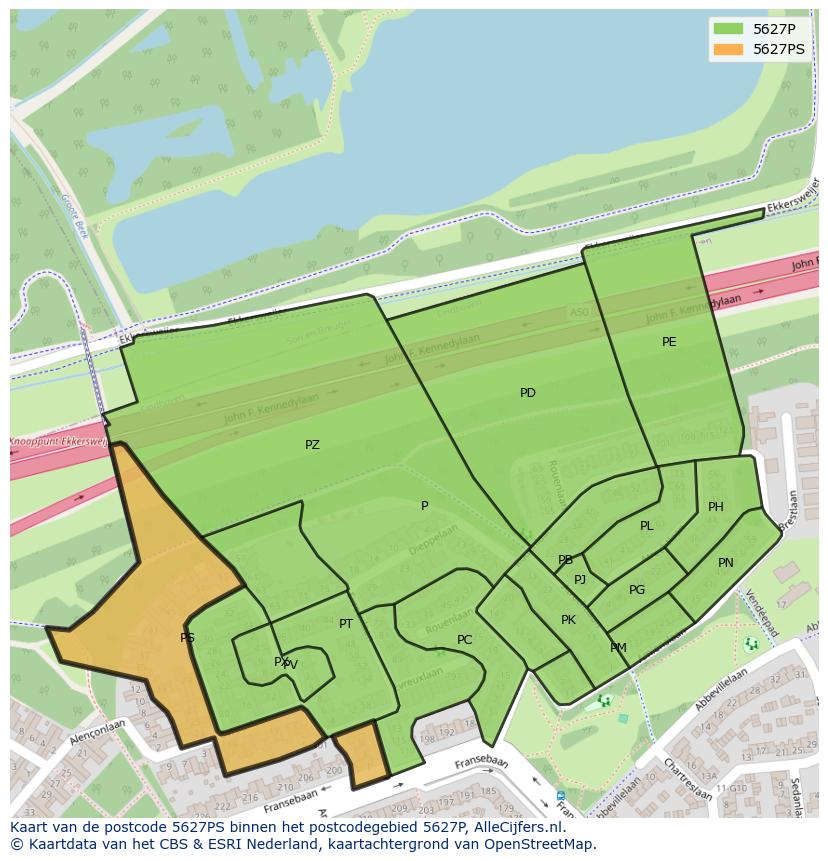Afbeelding van het postcodegebied 5627 PS op de kaart.