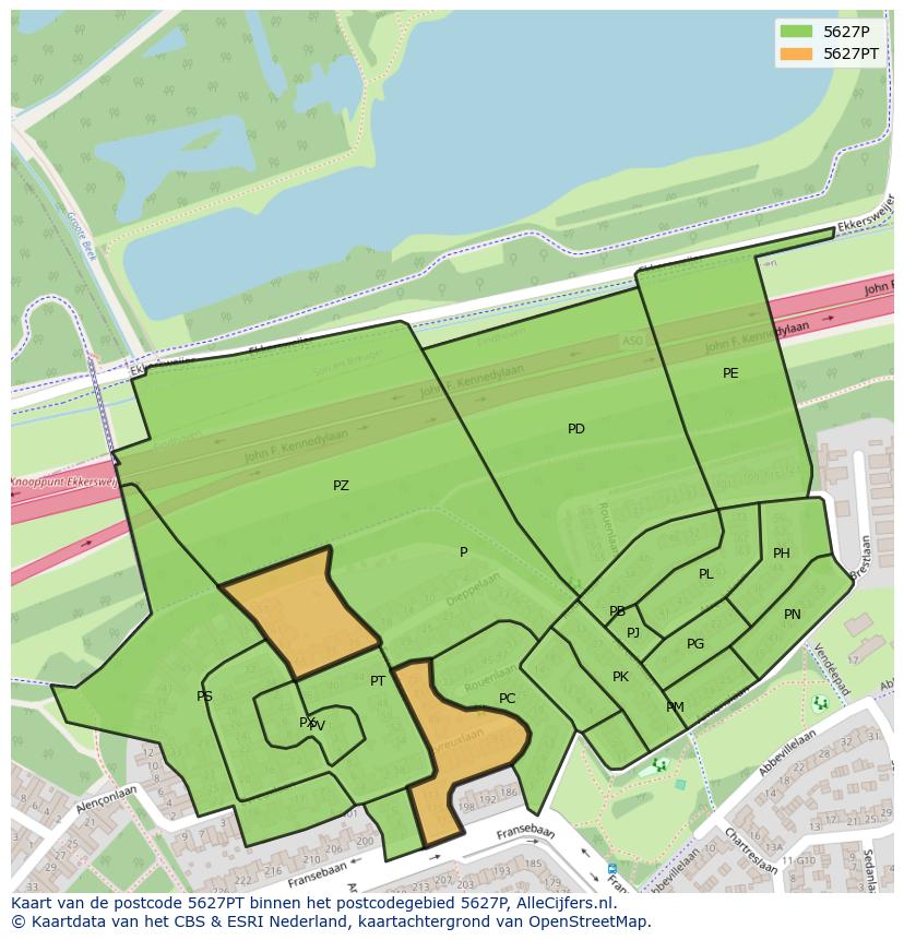 Afbeelding van het postcodegebied 5627 PT op de kaart.