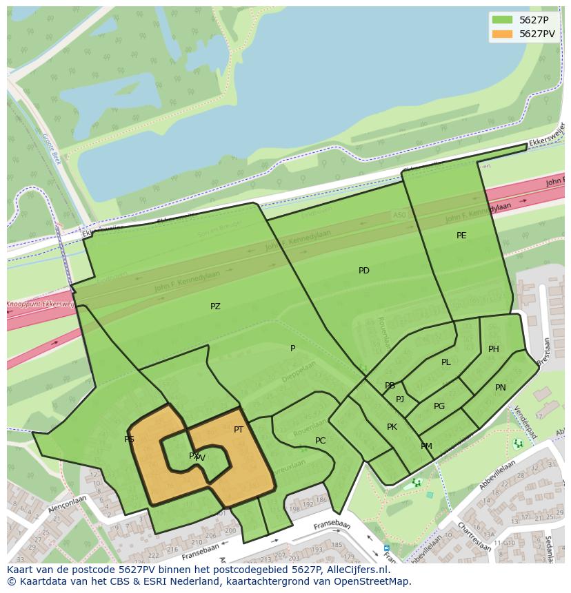 Afbeelding van het postcodegebied 5627 PV op de kaart.