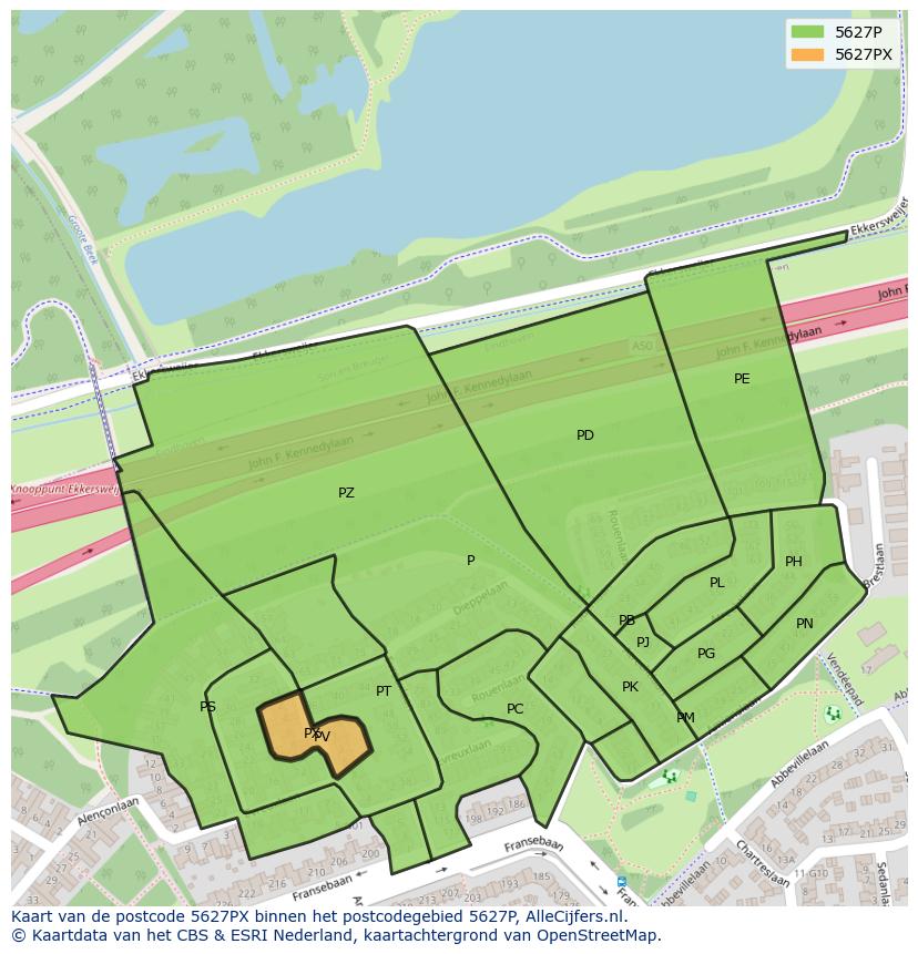 Afbeelding van het postcodegebied 5627 PX op de kaart.