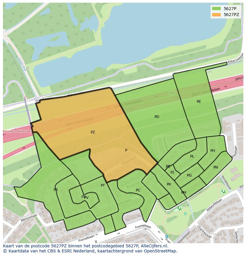Afbeelding van het postcodegebied 5627 PZ op de kaart.
